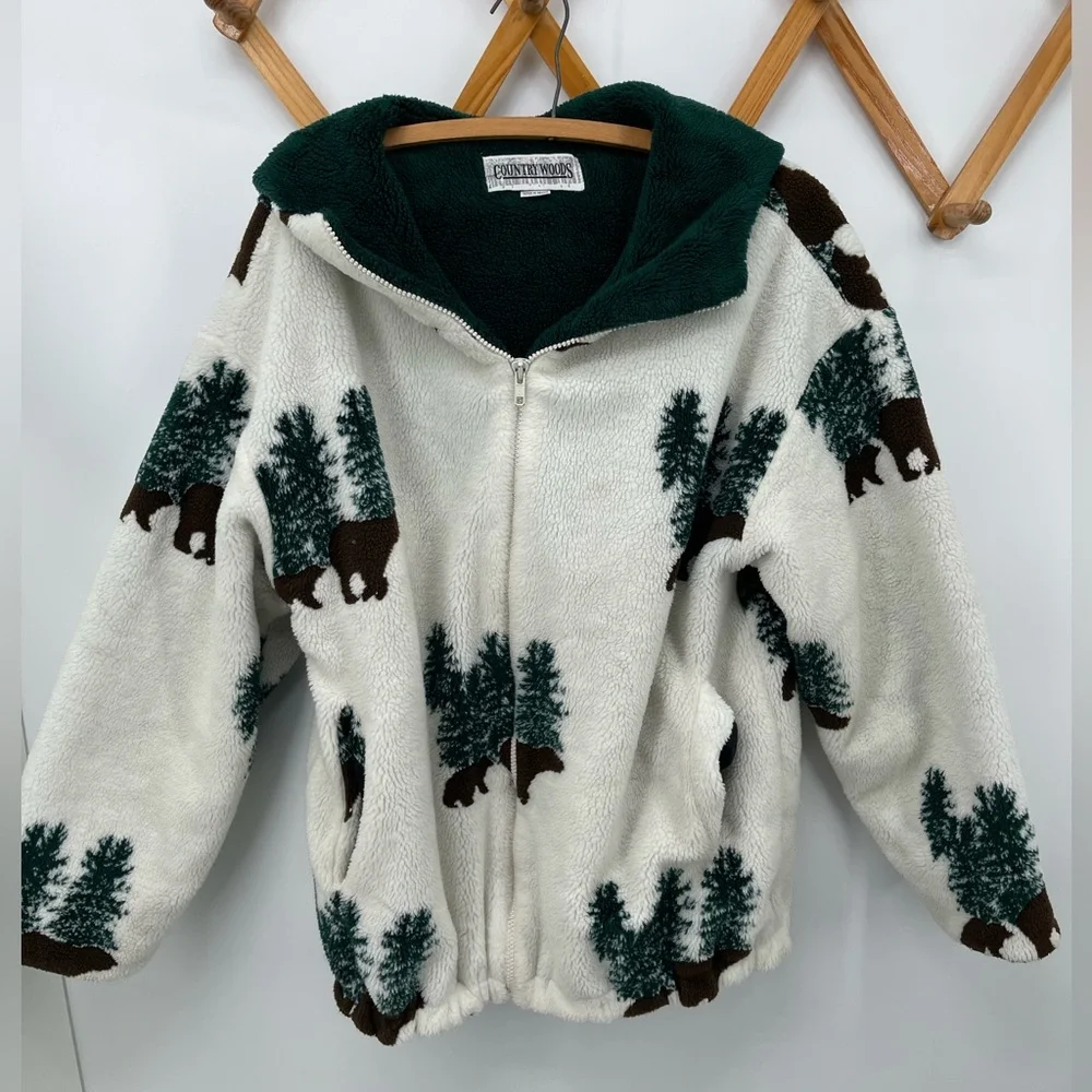 ⭐️Vintage Country Woods Forest Print Cream Fleece Zip-Up Hoodie